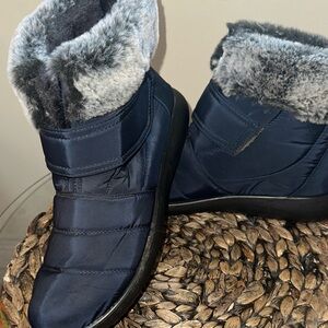 Women’s Navy Nylon Winter Ankle Boots – Faux Fur Lined, Velcro Closure – EU 43